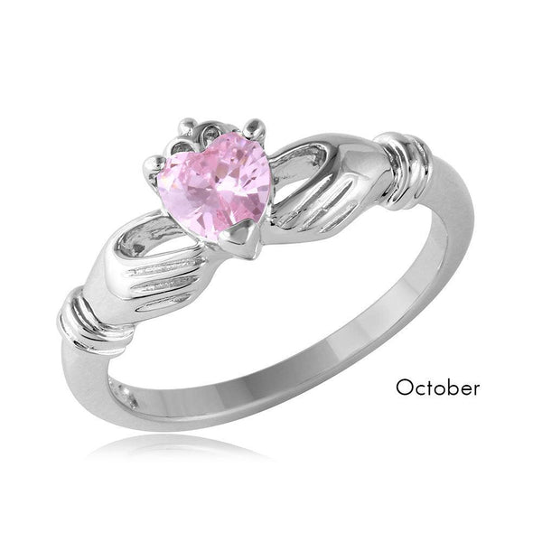 October Sterling Silver 925 Rhodium Plated CZ Center Birthstone Claddagh Ring - BGR01083OCT | Silver Palace Inc.