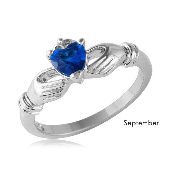 September Sterling 925 Silver Rhodium Plated CZ Center Birthstone Claddagh Ring - BGR01083SEP | Silver Palace Inc.