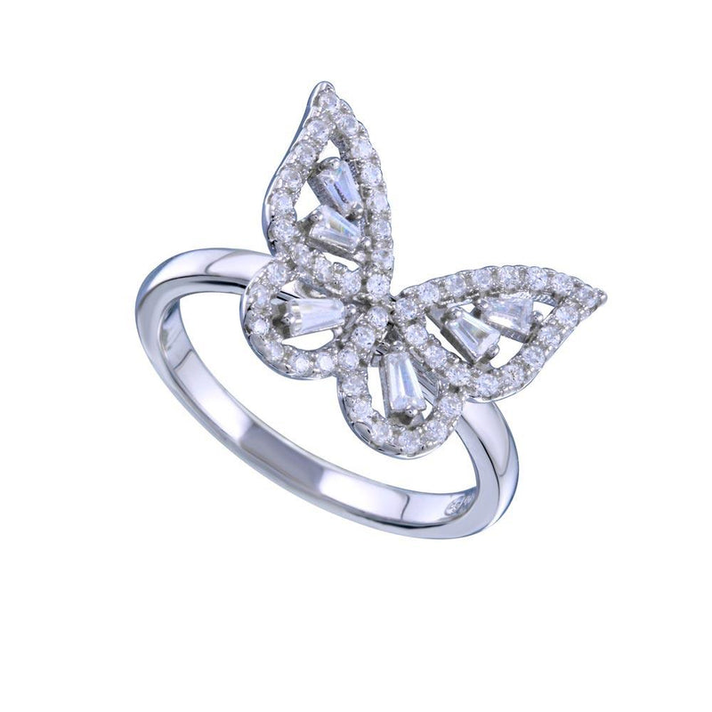 Rhodium Plated 925 Sterling Silver Outline Clear CZ Butterfly Ring - BGR01340