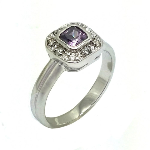 Silver 925 Rhodium Plated Purple Center Clear Cluster CZ Bridal Engagement Ring - BGR00861 | Silver Palace Inc.