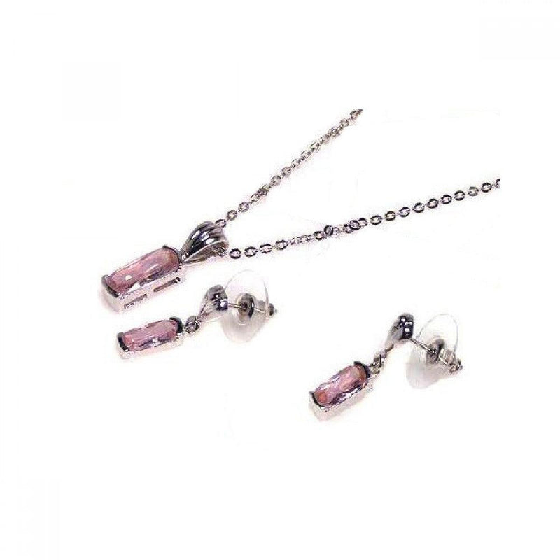 Silver 925 Rhodium Plated Pink Baguette CZ Dangling Set - BGS00007PNK | Silver Palace Inc.