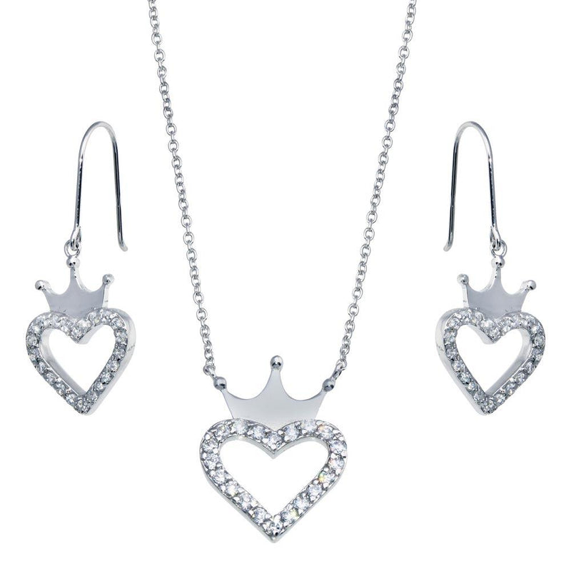 Closeout-Silver 925 Rhodium Plated Clear Open Heart and Crown CZ Hook Earring and Necklace Set - BGS00009 | Silver Palace Inc.