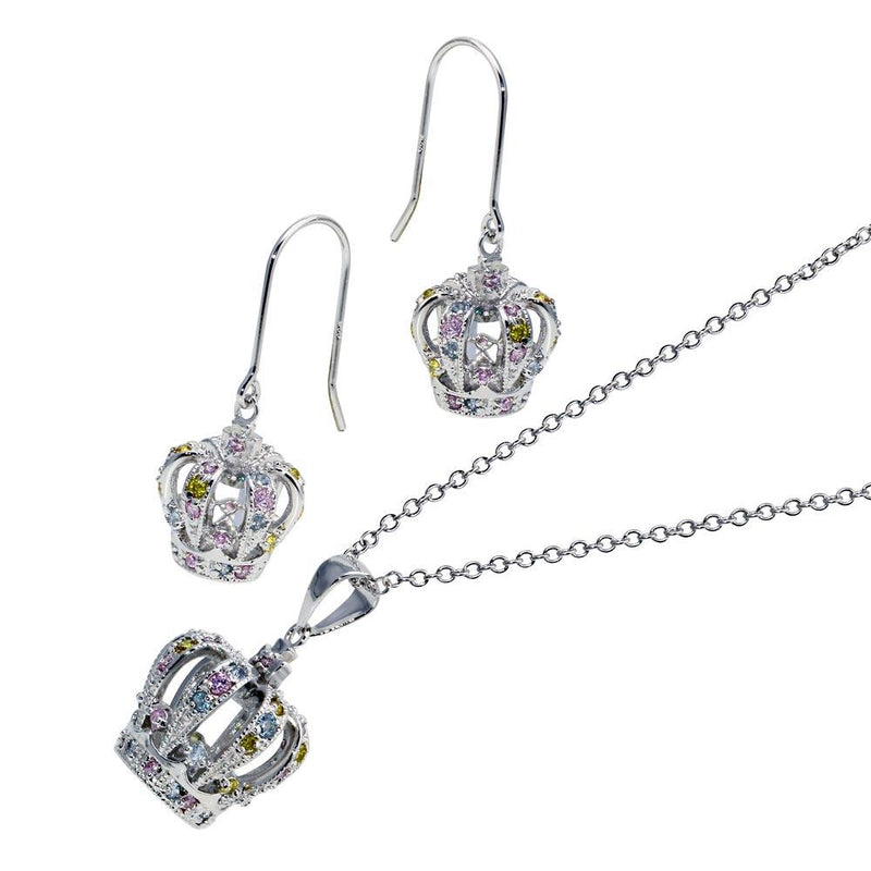 Closeout-Silver 925 Rhodium Plated Multi Colored Crown CZ Hook Earring and Dangling Necklace Set - BGS00014 | Silver Palace Inc.
