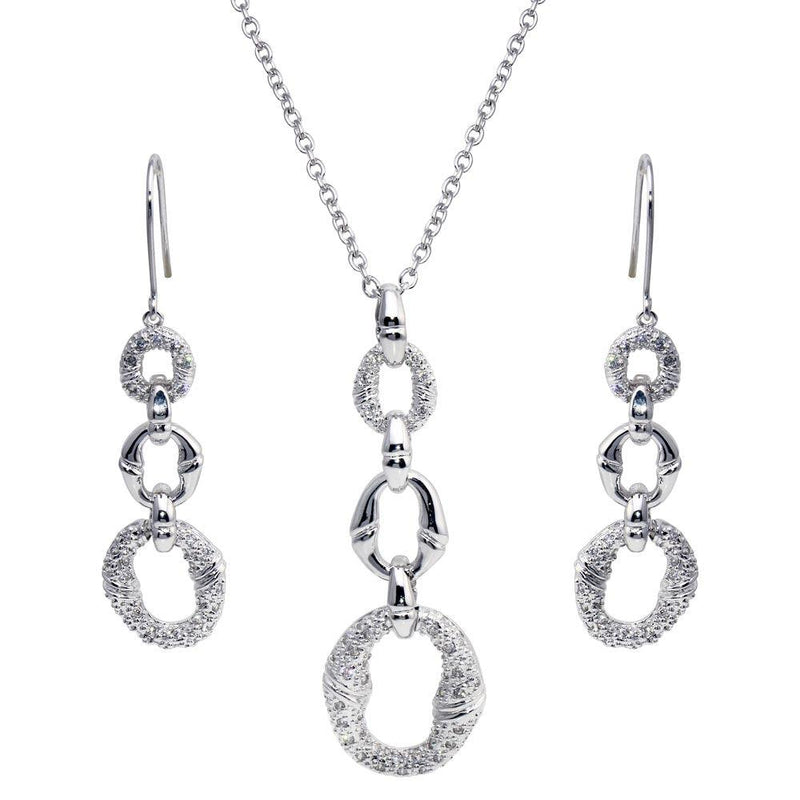 Closeout-Silver 925 Rhodium Plated Micro Pave Clear Open Circle CZ Hook Earring and Dangling Necklace Set - BGS00030 | Silver Palace Inc.