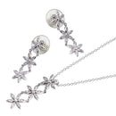 Closeout-Silver 925 Rhodium Plated Clear Flower CZ Dangling Stud Earring and Dangling Necklace Set - BGS00034 | Silver Palace Inc.