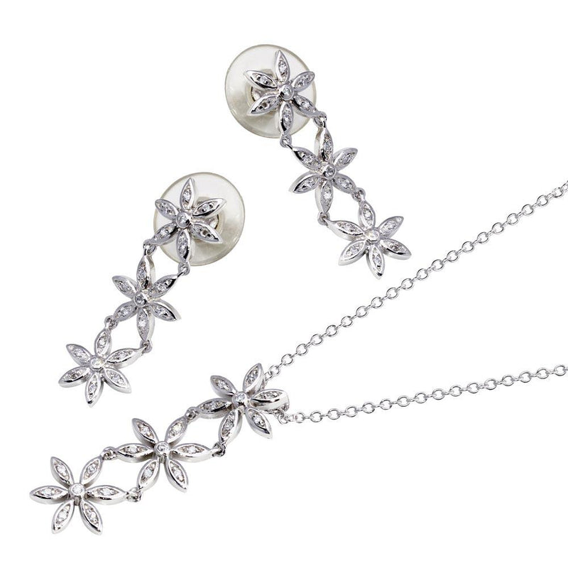 Closeout-Silver 925 Rhodium Plated Clear Flower CZ Dangling Stud Earring and Dangling Necklace Set - BGS00034 | Silver Palace Inc.
