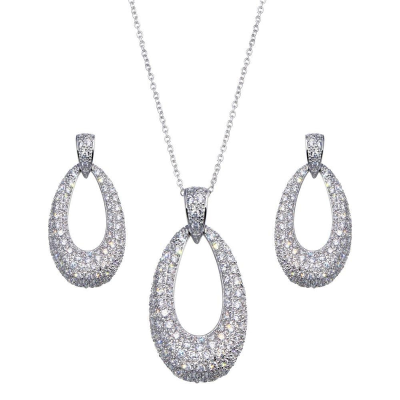 Closeout-Silver 925 Rhodium Plated Open Oval Clear CZ Dangling Stud Earring and Necklace Set - BGS00042 | Silver Palace Inc.