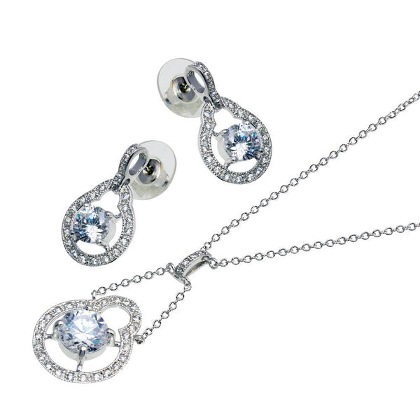 Closeout-Silver 925 Rhodium Plated Round Circle Open Clear Center CZ Dangling Stud Earring and Dangling Necklace Set - BGS00043 | Silver Palace Inc.