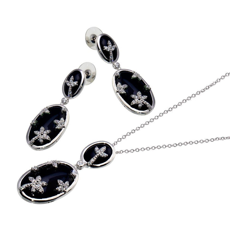 Closeout-Silver 925 Oval Onyx Clear CZ Flowers Dangling Stud Earring and Dangling Necklace Set - BGS00048 | Silver Palace Inc.