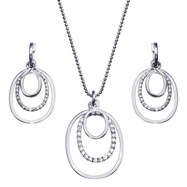 Closeout-Silver 925 Rhodium Plated Clear Open Multi Layer Oval CZ Dangling Stud Earring and Dangling Necklace Set - BGS00078 | Silver Palace Inc.
