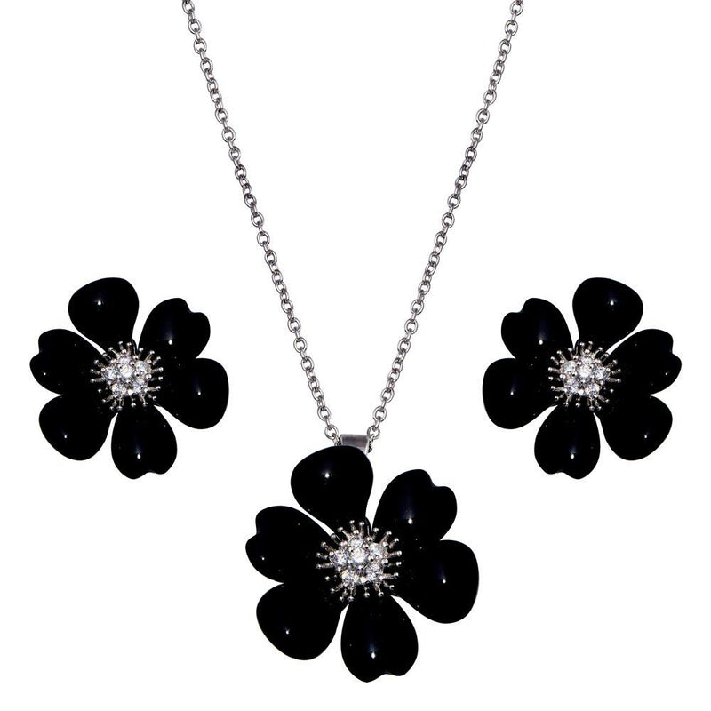 Closeout-Silver 925 Rhodium Plated Black Onyx Flower Clear CZ Stud Earring and Necklace Set - BGS00097 | Silver Palace Inc.