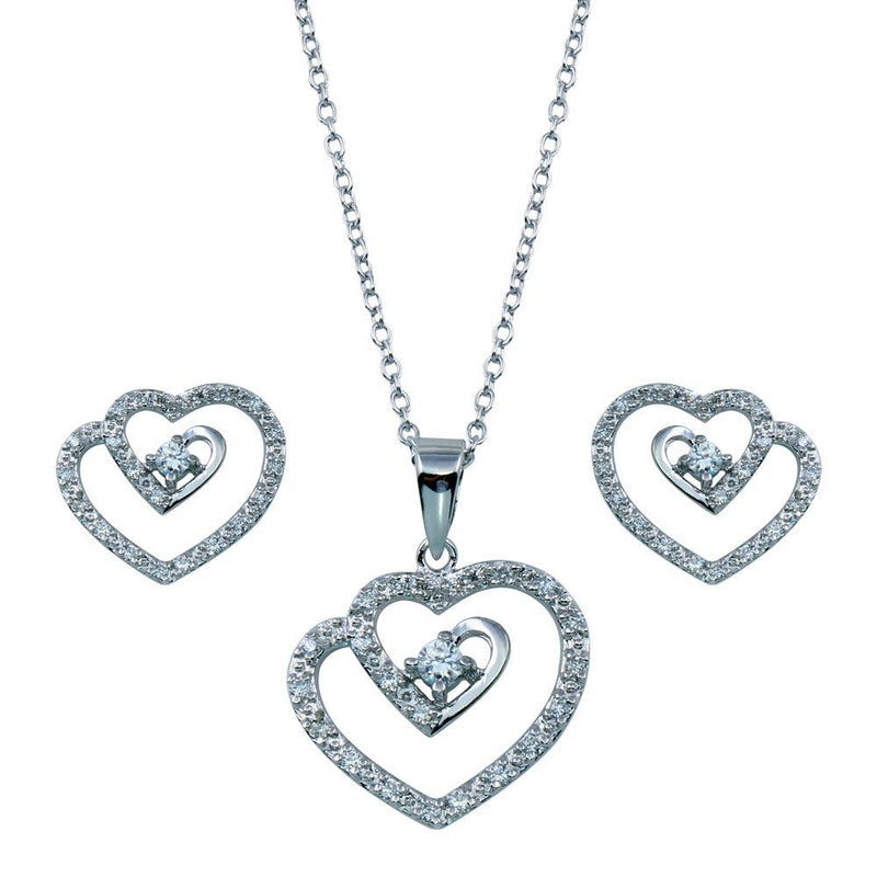Silver 925 Rhodium Plated Swirl Open Heart Clear CZ Dangling Matching Set - BGS00106 | Silver Palace Inc.