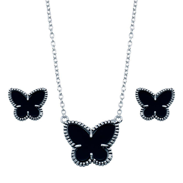 Silver 925 Rhodium Plated Black Onyx Mini Butterfly Matching Set - BGS00111 | Silver Palace Inc.