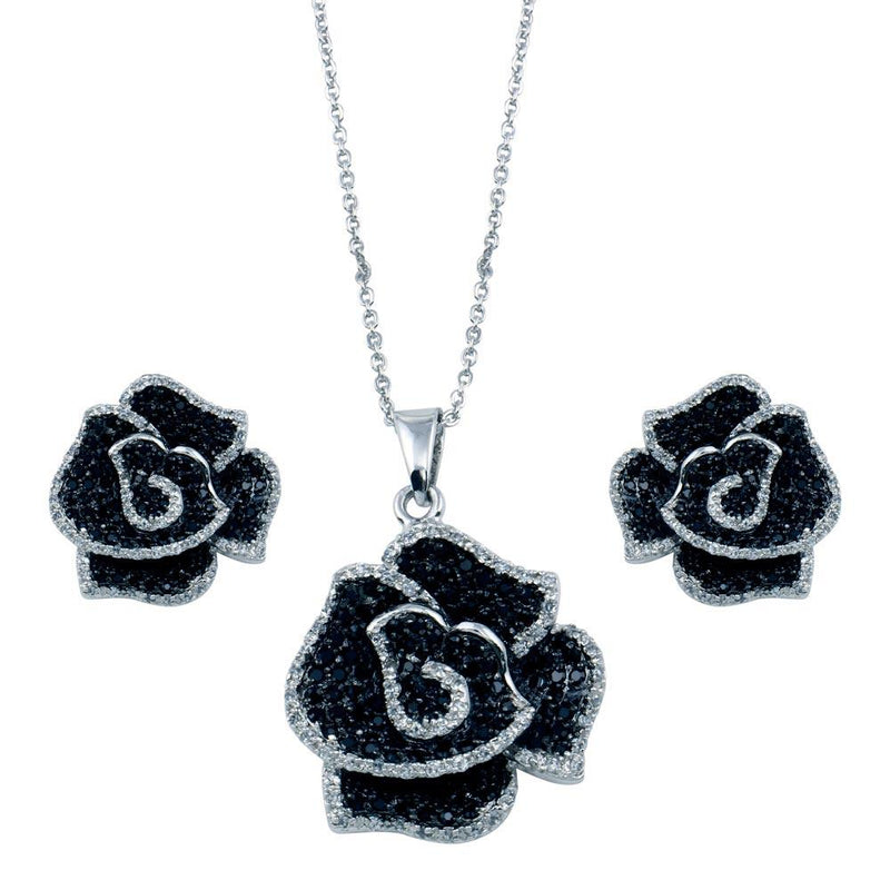 Silver 925 Rhodium and Black Rhodium Plated Black and Clear Flower CZ Stud Matching Set - BGS00115 | Silver Palace Inc.