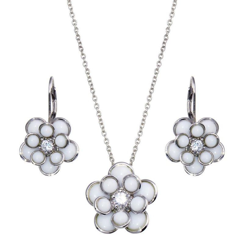 Closeout-Silver 925 White Enamel Clear CZ Center Flower French Clip Earring and Necklace Set - BGS00118 | Silver Palace Inc.