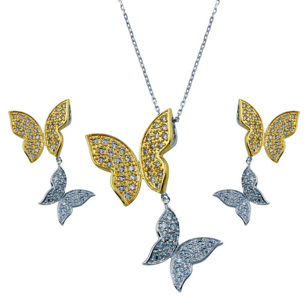 Silver 925 Rhodium and Gold Plated Clear Butterfly CZ Dangling Matching Set - BGS00130 | Silver Palace Inc.
