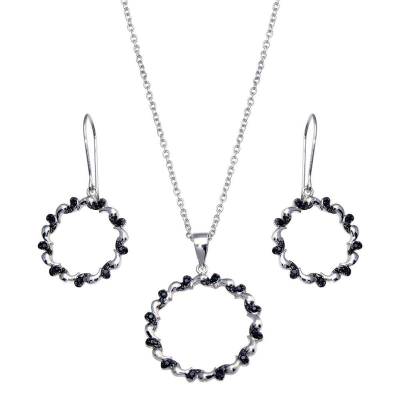 Closeout-Silver 925 Rhodium and Black Rhodium Plated Open Spiral Circle Black CZ Hook Earring and Necklace Set - BGS00135 | Silver Palace Inc.