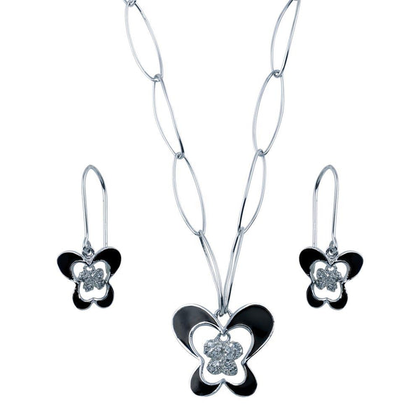 Rhodium Plated 925 Sterling Silver Black Enamel Butterfly Clear CZ Hook Set - BGS00144 | Silver Palace Inc.