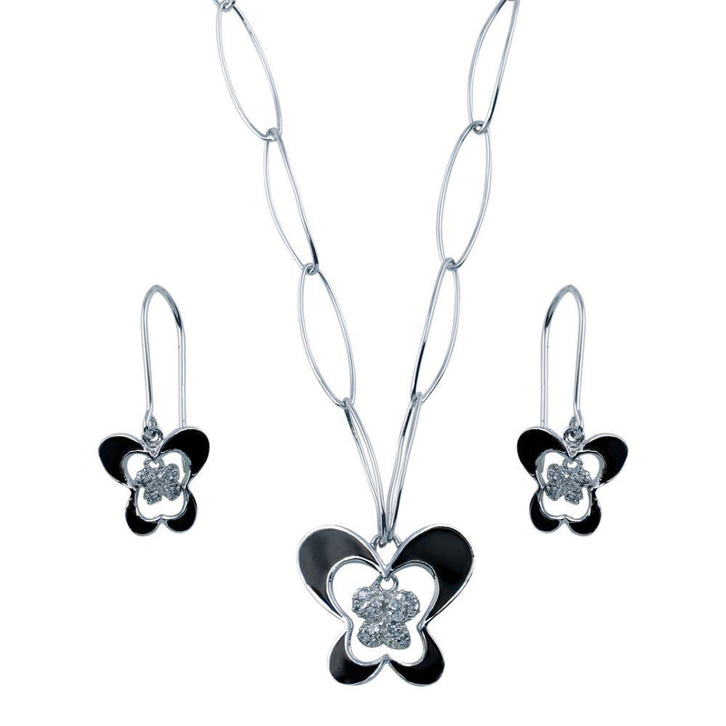 Silver 925 Rhodium Plated Black Enamel Butterfly Clear CZ Hook Set - BGS00144 | Silver Palace Inc.