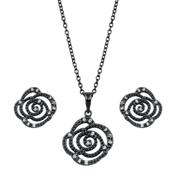 Silver 925 Black Rhodium Plated Open Flower Rose Clear CZ Set - BGS00146 | Silver Palace Inc.