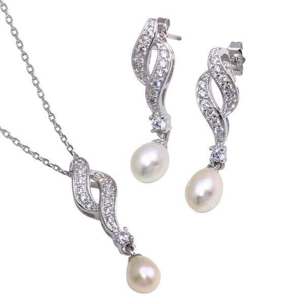 Silver 925 Rhodium Plated Fresh Water Pearl Twist Clear CZ Hanging Set - BGS00151 | Silver Palace Inc.
