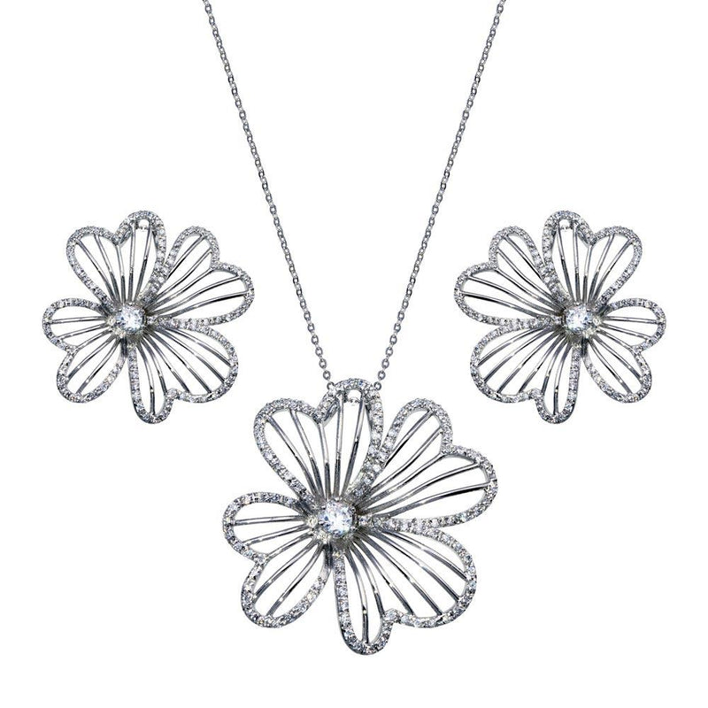 Closeout-Silver 925 Rhodium and Black Rhodium Plated Flower Clear CZ Stud Earring and Necklace Set - BGS00153 | Silver Palace Inc.