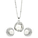 Silver 925 Rhodium Plated Clear Baguette CZ Pearl Center Stud Earring and Necklace Set - BGS00207 | Silver Palace Inc.
