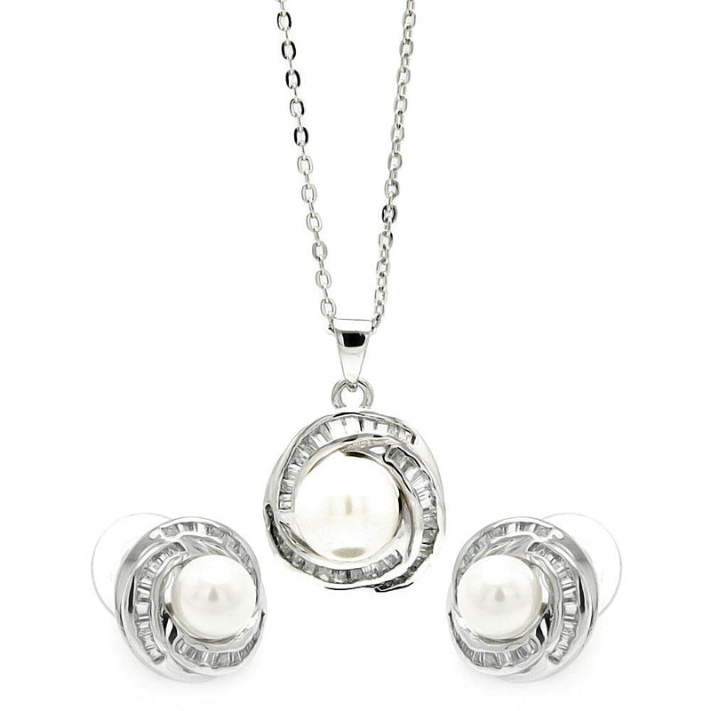 Silver 925 Rhodium Plated Clear Baguette CZ Pearl Center Stud Earring and Necklace Set - BGS00207 | Silver Palace Inc.