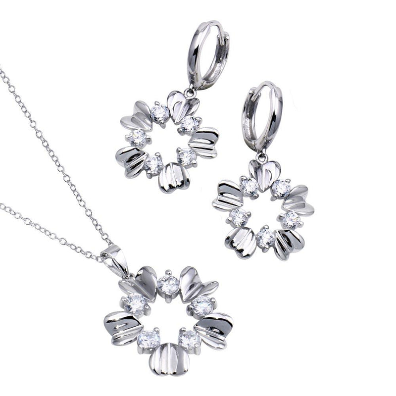 Silver 925 Rhodium Plated High Polish Flower Clear CZ Leverback Earring and Necklace Set - BGS00209 | Silver Palace Inc.