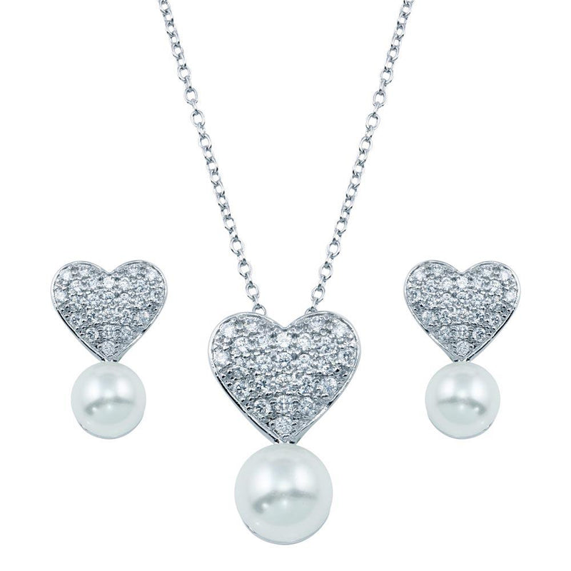 Silver 925 Rhodium Plated Pearl Clear Heart CZ Hanging Set - BGS00217 | Silver Palace Inc.