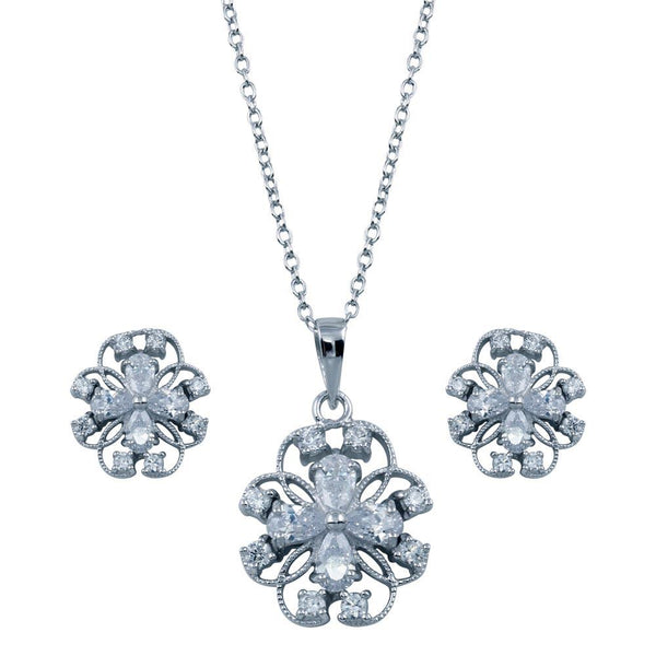 Rhodium Plated 925 Sterling Silver Flower Outline Clear CZ Set - BGS00224 | Silver Palace Inc.