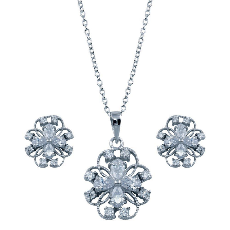 Silver 925 Rhodium Plated Flower Outline Clear CZ Set - BGS00224 | Silver Palace Inc.
