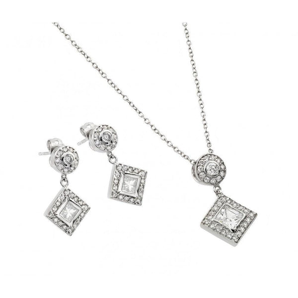 Silver 925 Rhodium Plated Clear Diamond Shape Square CZ Dangling Stud Earring and Dangling Necklace Set - BGS00239 | Silver Palace Inc.