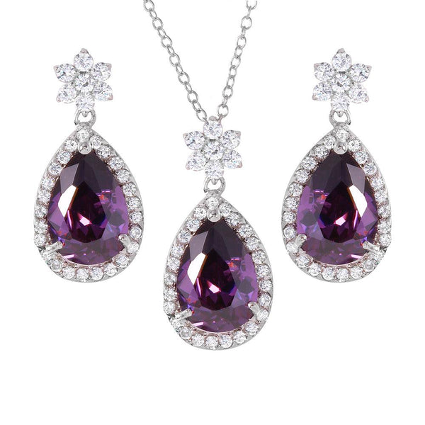 Silver 925 Rhodium Plated Purple Pear Set - BGS00247 | Silver Palace Inc.