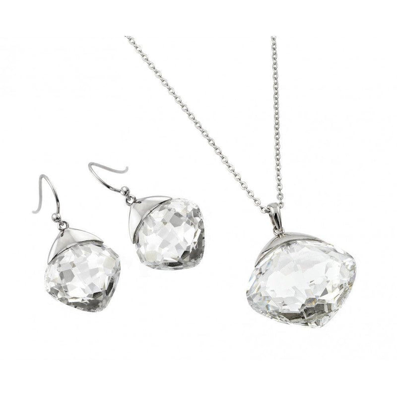 Silver 925 Rhodium Plated Clear Diamond Shaped CZ Hook Earring and Necklace Set - BGS00284 | Silver Palace Inc.