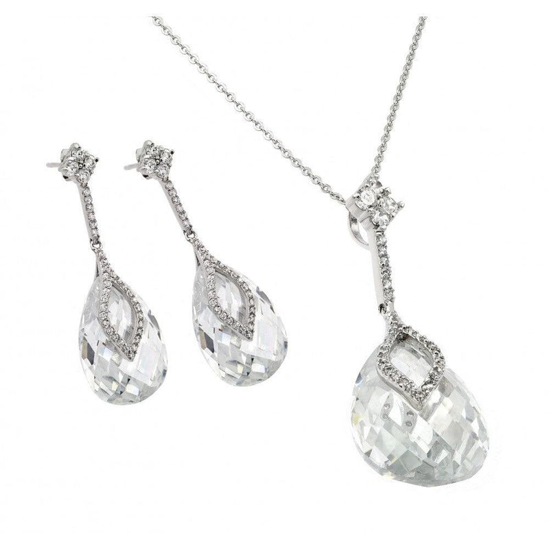 Silver 925 Rhodium Plated Clear Drop CZ Hanging Stud Earring and Hanging Necklace Set - BGS00288 | Silver Palace Inc.