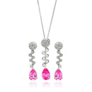 Silver 925 Rhodium Plated Clear and Pink Round and Teardrop CZ Drop Stud Earring and Necklace Set - BGS00294 | Silver Palace Inc.