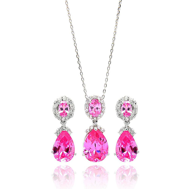 Silver 925 Rhodium Plated Clear and Pink Round and Teardrop CZ Dangling Stud Earring and Dangling Necklace - BGS00298 | Silver Palace Inc.