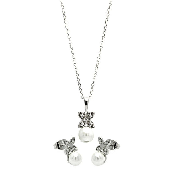 Silver 925 Rhodium Plated Clear CZ Hanging Pearl Butterfly Set - BGS00319 | Silver Palace Inc.