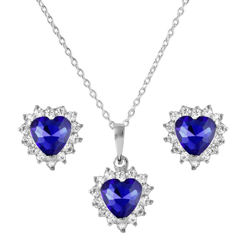 Silver 925 Rhodium Plated Round and Heart Shaped Clear and Blue CZ Dangling Stud Earrings and Necklace Set - BGS00323 | Silver Palace Inc.