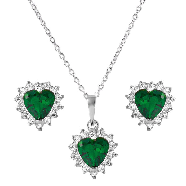 Silver 925 Rhodium Plated Green Heart Cluster Set - BGS00325 | Silver Palace Inc.
