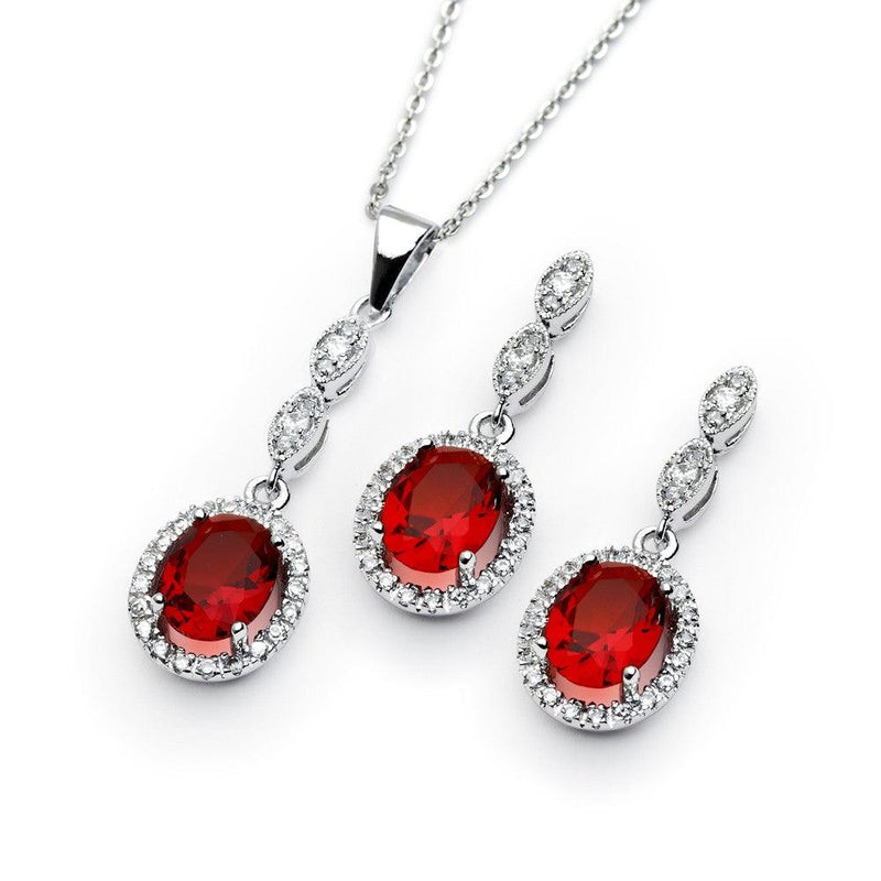 Silver 925 Rhodium Plated Ruby and Clear Oval CZ Dangling Stud Earring and Dangling Necklace Set - BGS00330 | Silver Palace Inc.