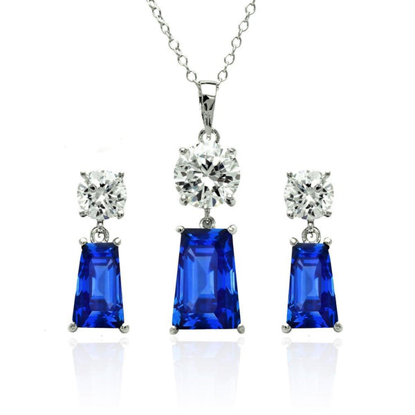 Silver 925 Rhodium Plated Clear Round Blue Rectangular CZ Dangling Stud Earring and Dangling Necklace Set - BGS00346 | Silver Palace Inc.