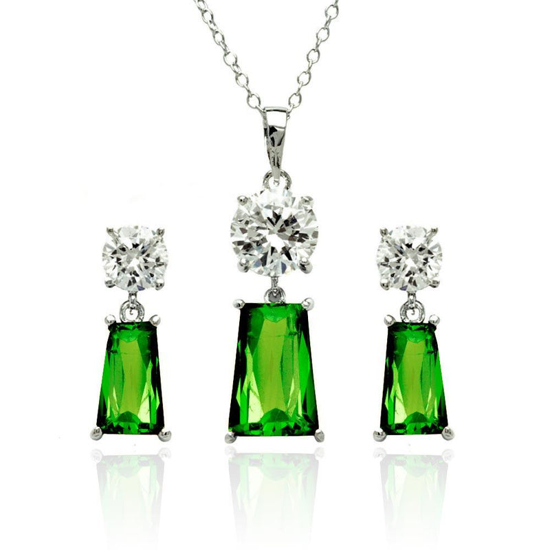 Silver 925 Rhodium Plated Clear Round Green Rectangular CZ Dangling Stud Earring and Dangling Necklace Set - BGS00360 | Silver Palace Inc.