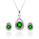 Silver 925 Rhodium Plated Clear and Green Teardrop Cluster CZ Stud Earring and Necklace Set - BGS00366 | Silver Palace Inc.