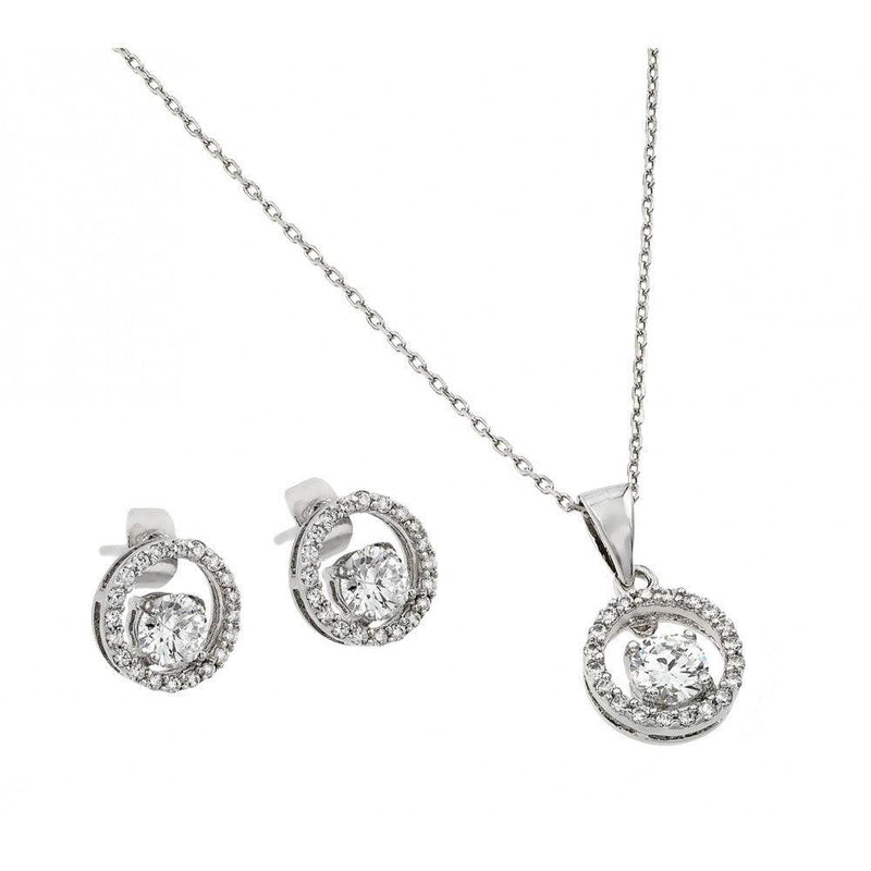 Silver 925 Rhodium Plated Clear Round Open Circle CZ Stud Earring and Dangling Necklace Set - BGS00377 | Silver Palace Inc.