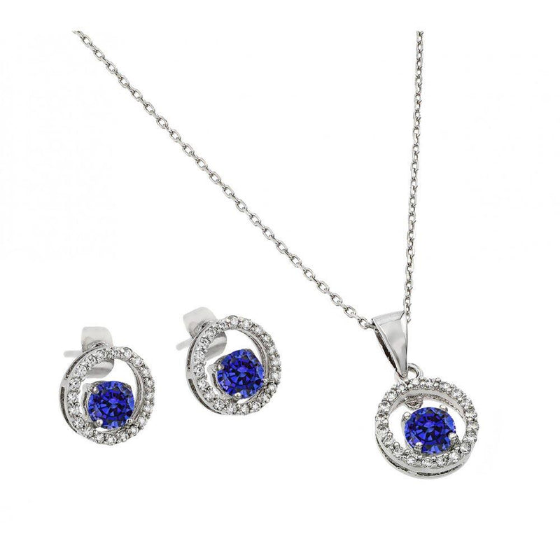 Silver 925 Rhodium Plated Round Clear and Blue CZ Open Circle Stud Earring and Necklace Set - BGS00379 | Silver Palace Inc.