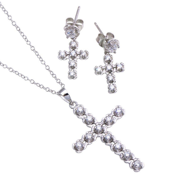 Silver 925 Rhodium Plated Clear Cross CZ Stud Earring and Necklace Set - BGS00396 | Silver Palace Inc.