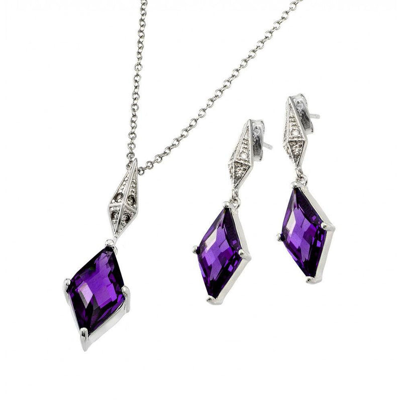Silver 925 Rhodium Plated Clear Inlay Purple Diamond Shaped CZ Dangling Stud Earring and Dangling Necklace Set - BGS00401A | Silver Palace Inc.