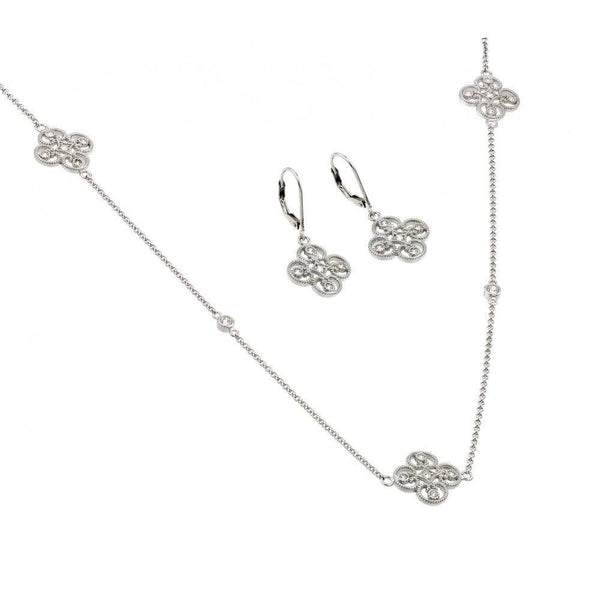 Silver 925 Rhodium Plated Simple Clover CZ Leverback Earring and Necklace Set - BGS00423 | Silver Palace Inc.
